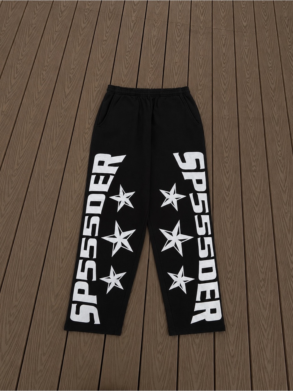 Black Straight Leg Graphic Sweatpants with White Stars